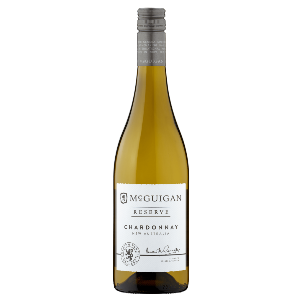 A 75cl bottle of McGuigan Reserve Chardonnay with a gold label and black cap, set against a plain white background.
