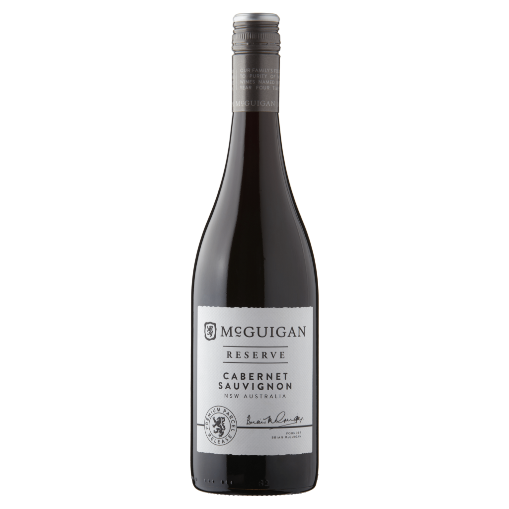 Bottle of McGuigan Reserve Cabernet Sauvignon, 75cl, with a dark green label and gold accents, set against a plain background.