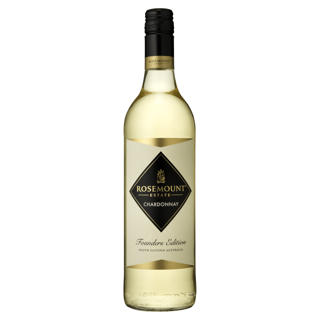 A 75cl bottle of Rosemount Founders Edition Chardonnay with a cream label and gold accents, featuring the Rosemount logo.