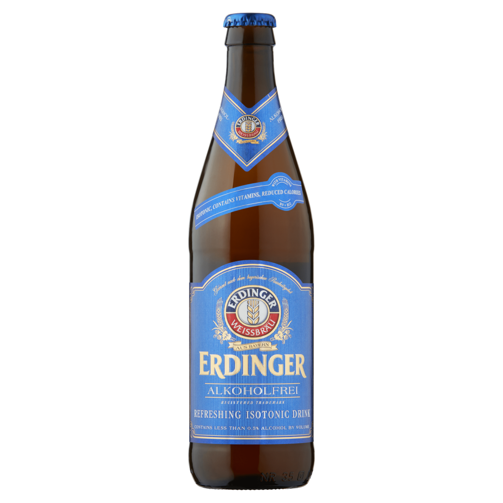 Bottle of Erdinger Alcohol Free beer, 500ml, with a blue label featuring the brand logo and product details.