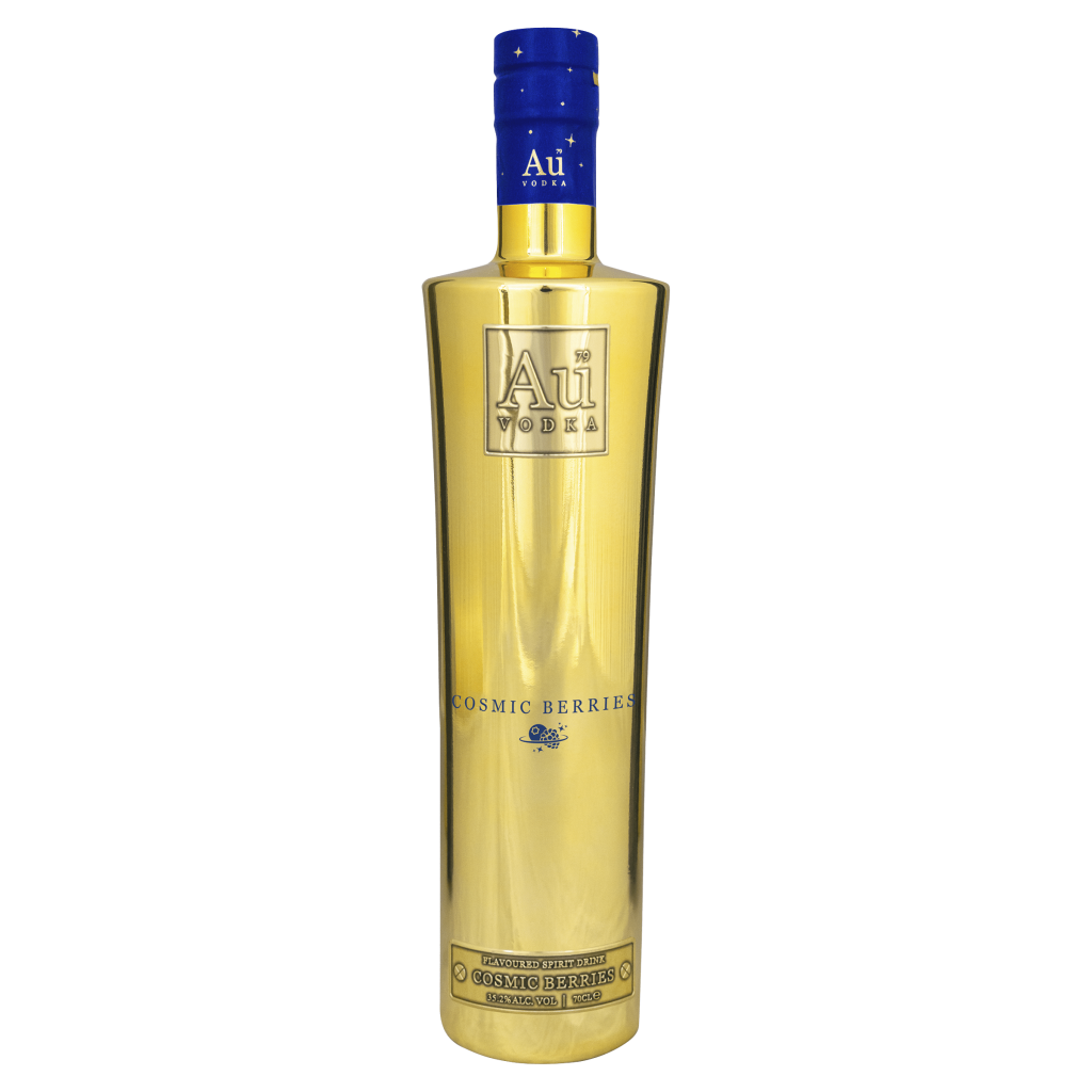 A 70cl bottle of AU Vodka Cosmic Berries with a blue and purple label, featuring AU's logo and cosmic berry imagery.