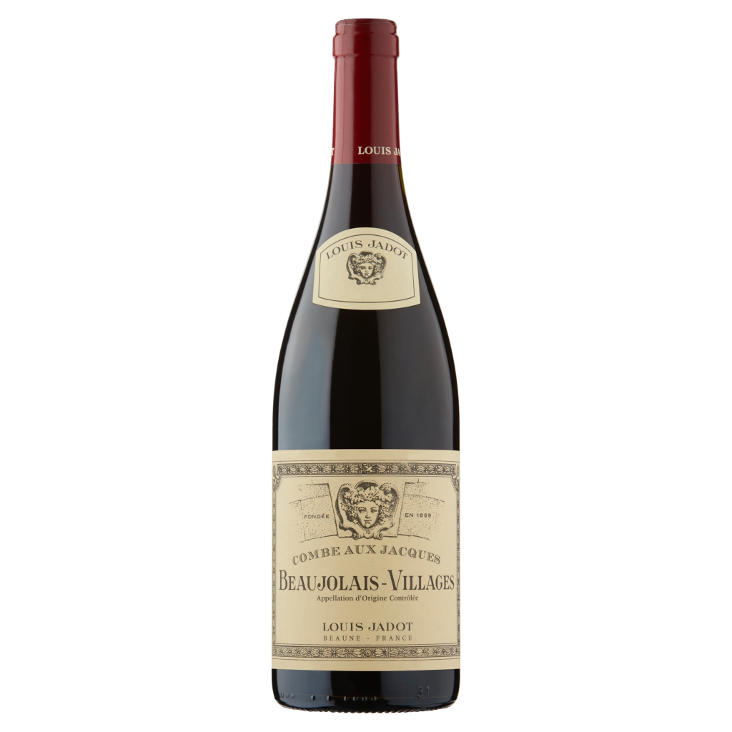 A bottle of Louis Jadot Beaujolais Village red wine, 75cl, with a cream label featuring the winery's emblem and text in black.