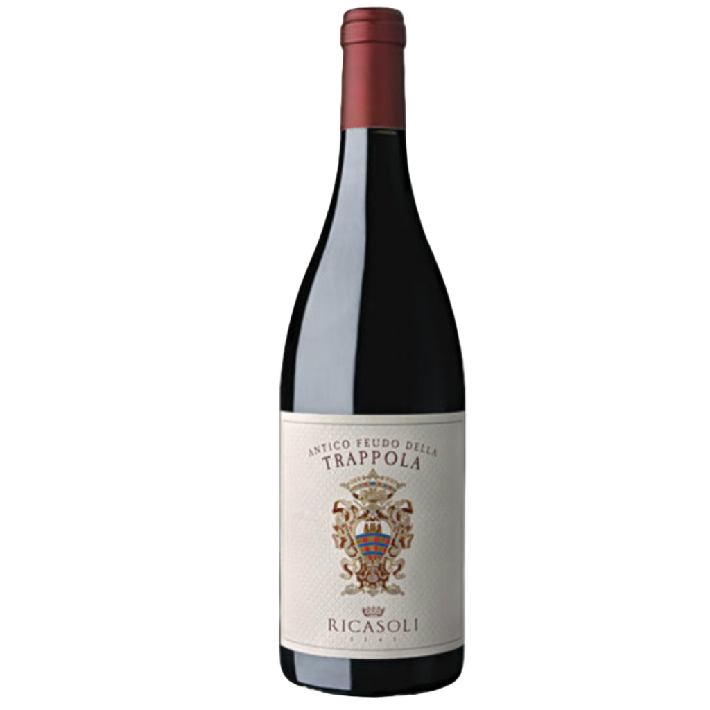 A bottle of Ricasoli Antico Feudo della Trappola IGT 2019 wine with a dark label featuring gold text and a crest.