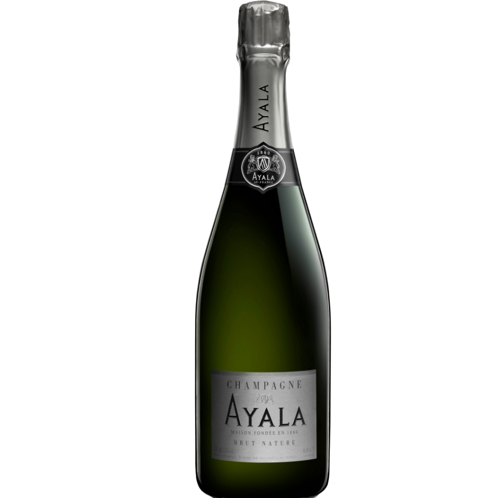 A 75cl bottle of Ayala Brut Nature Champagne with a gold label and foil, set against a plain white background.