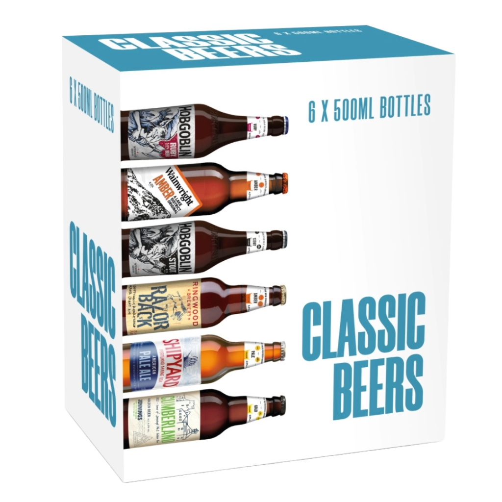 Image of a "Classic Ales of England" gift pack containing six 500ml bottles of assorted English ales, displayed in a cardboard carrier.