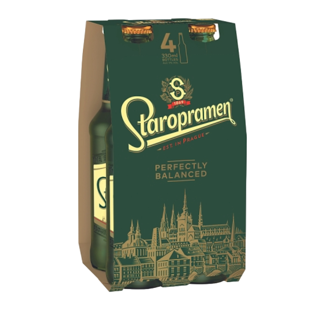 Four 330ml bottles of Staropramen lager, packaged together with a cardboard carrier, featuring a green label with gold accents.