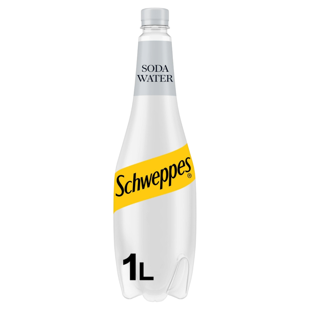 A 1-litre clear plastic bottle of Schweppes Soda Water with a yellow label and black Schweppes logo.
