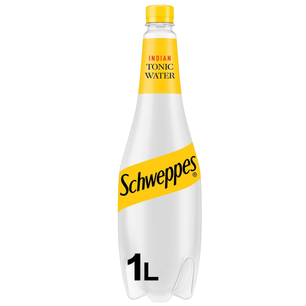 Bottle of Schweppes Tonic Water, 1 litre, with a yellow and black label featuring the Schweppes logo and a yellow cap.