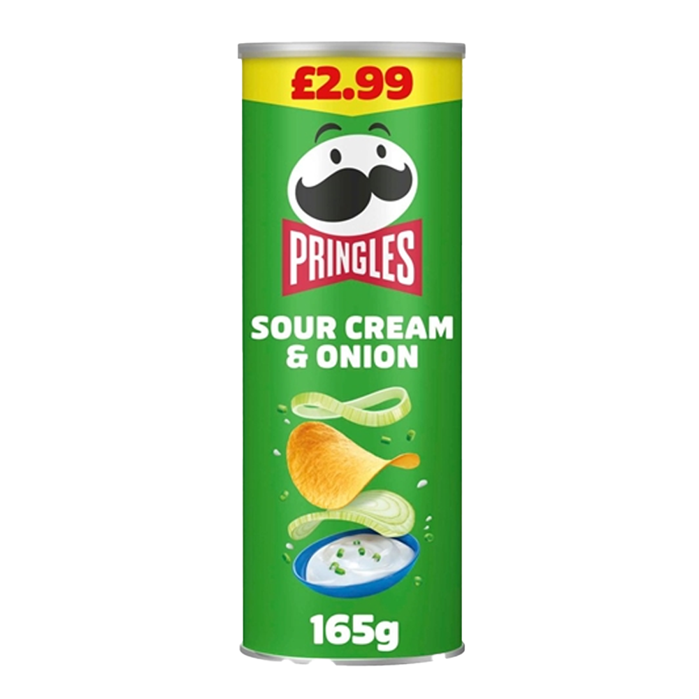Image of a 165g can of Pringles Sour Cream & Onion crisps. The green can features a Pringles logo and flavour illustration.