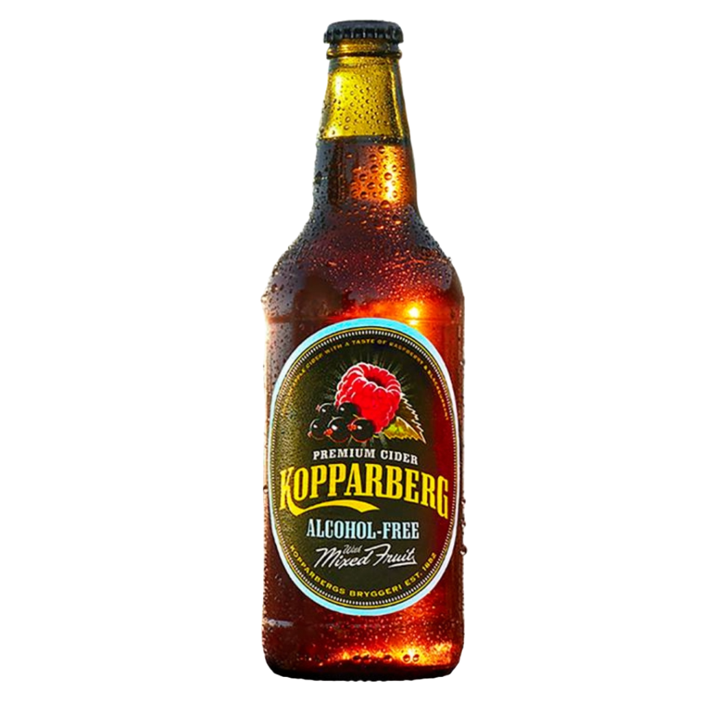 Bottle of Kopparberg Non Alcoholic Fruit Cider, 500ml, with a colourful label featuring fruit imagery, set against a plain background.