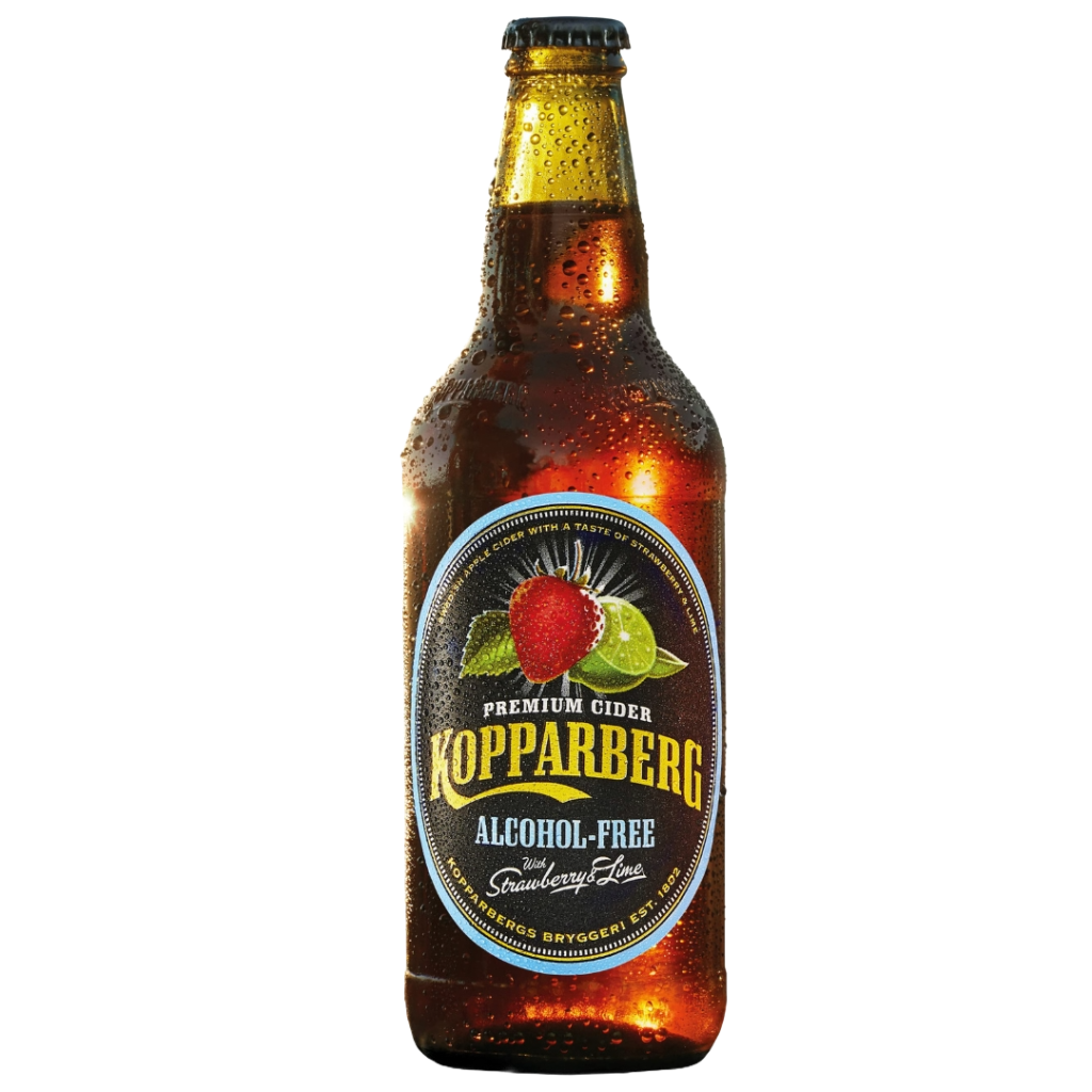 Bottle of Kopparberg Alcohol Free Strawberry and Lime cider, 500ml, with a red label featuring strawberries and limes.