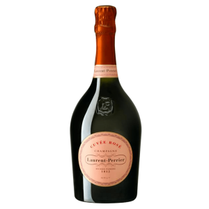 Bottle of Laurent Perrier Rosé Champagne, 75cl, with a pink label and foil, set against a white background.