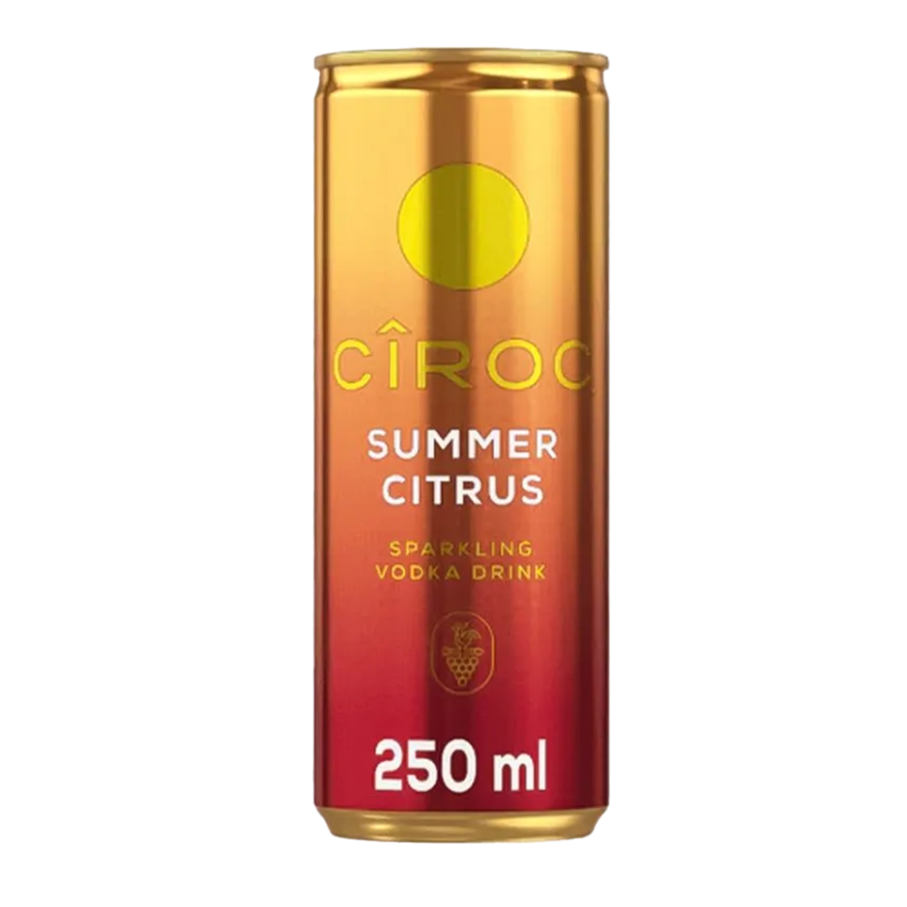 A can of CÎROC Summer Citrus sparkling vodka drink, 250 ml, with a gold and orange gradient design.