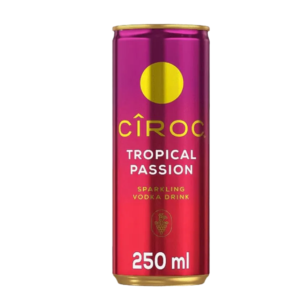 A can of Cîroc Tropical Passion sparkling vodka drink, 250 ml, featuring a vibrant pink and purple design.
