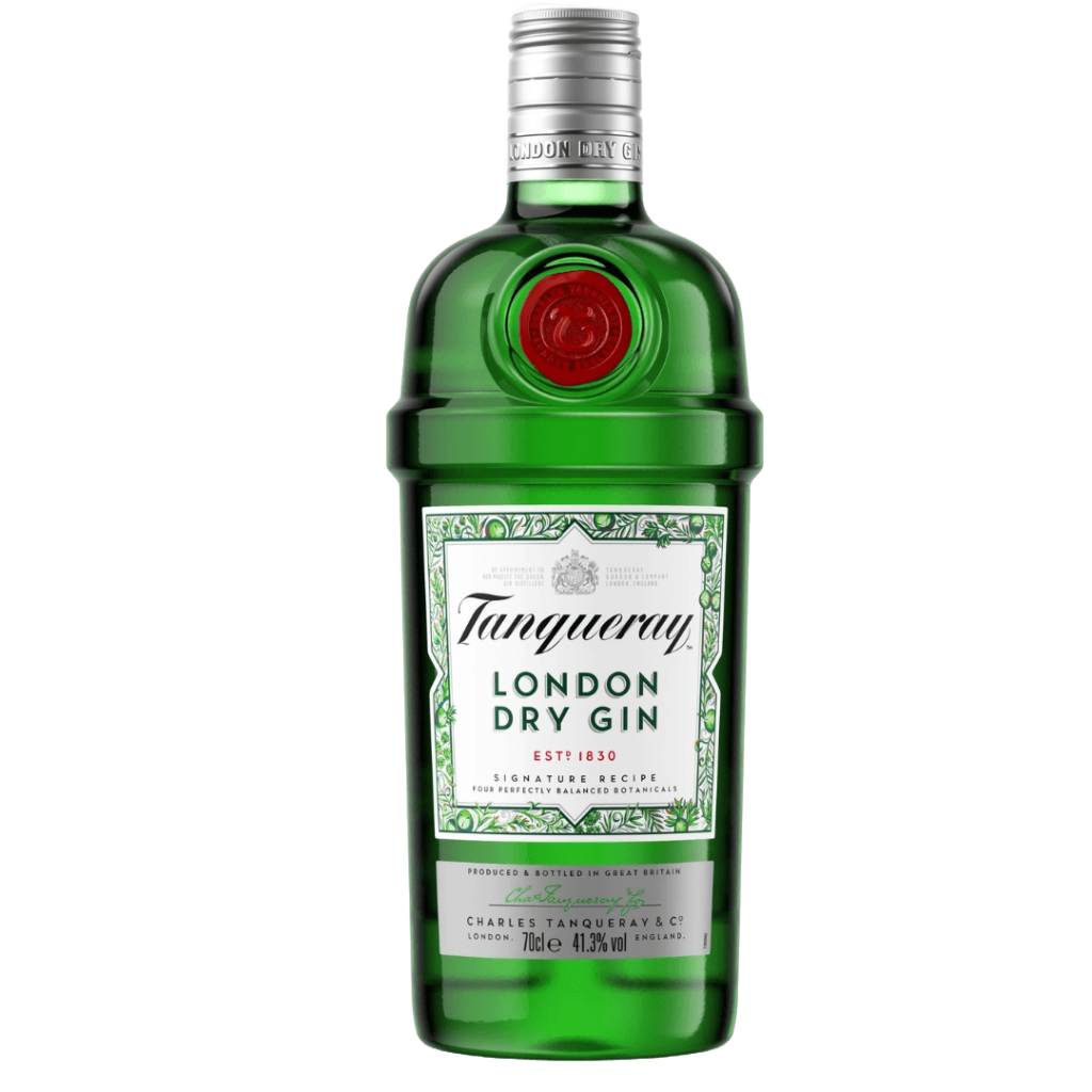 Bottle of Tanqueray London Dry Gin, 70cl, with a green glass, red seal, and silver cap, labelled 41% alcohol by volume.