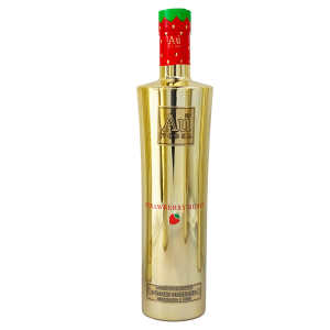 A 70cl bottle of Au Vodka Strawberry Burst with a pink label and gold cap, featuring a gold logo and strawberries on the label.