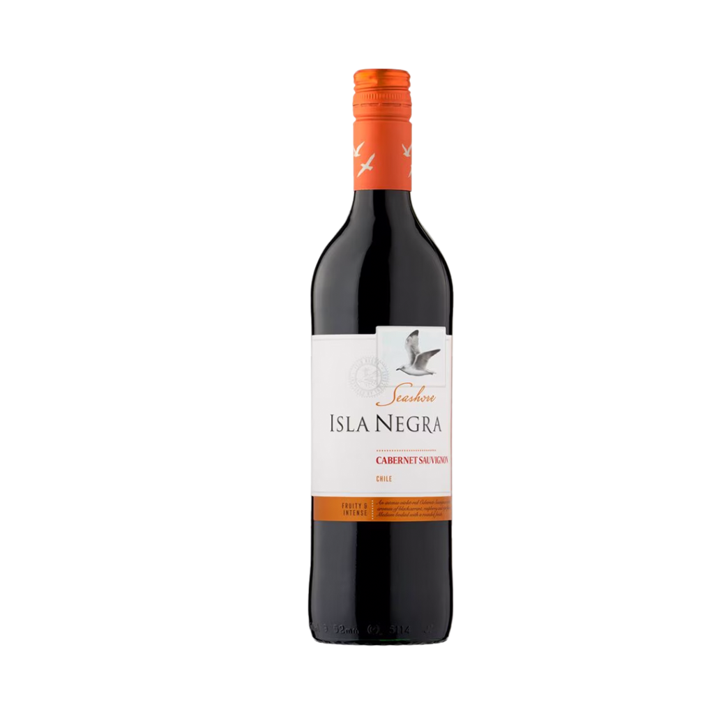 A 75cl bottle of Isla Negra Cabernet Sauvignon wine with a dark label featuring a coastal design and cork top.