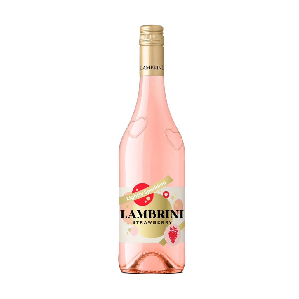 A 75cl bottle of Lambrini Strawberry, featuring a pink label with strawberries and a twist-off cap.