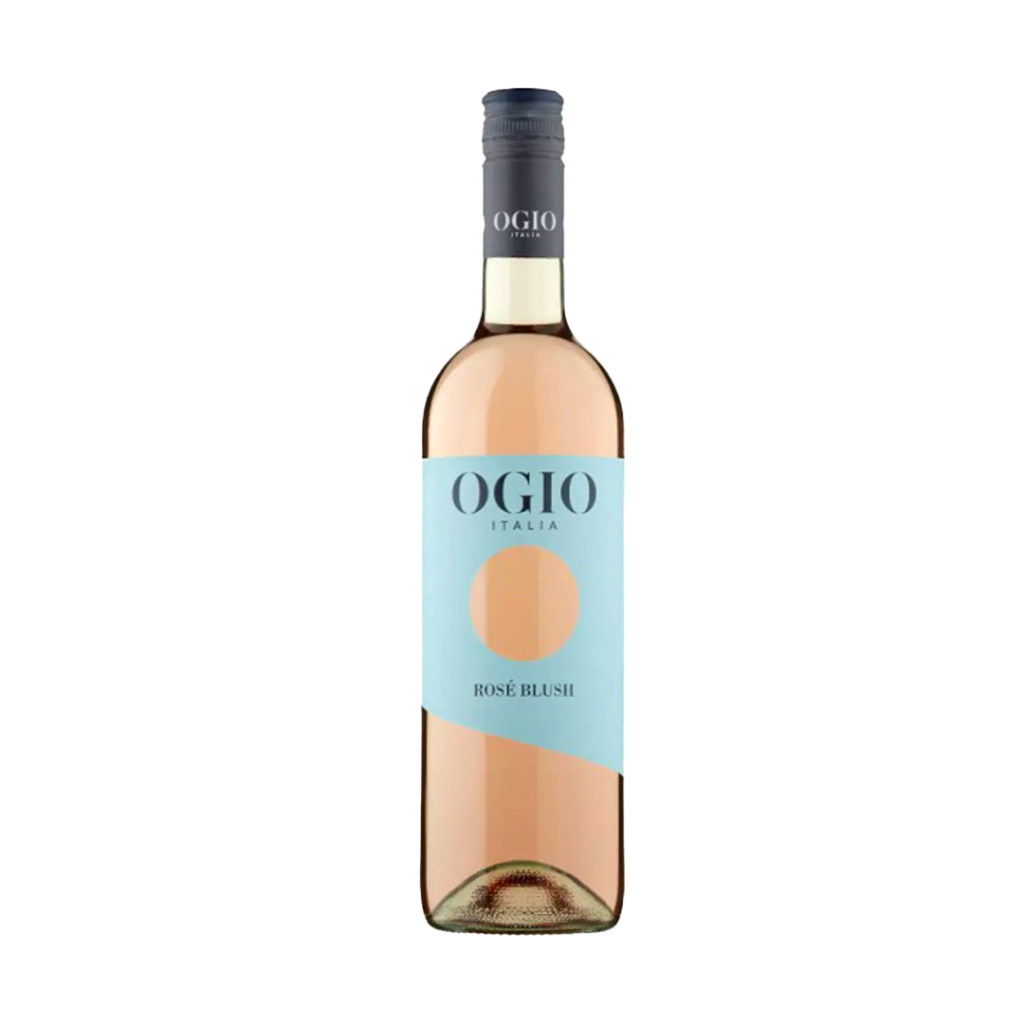 A 75cl bottle of Ogio Rose Blush wine with a pink label and a screw cap, set against a white background.