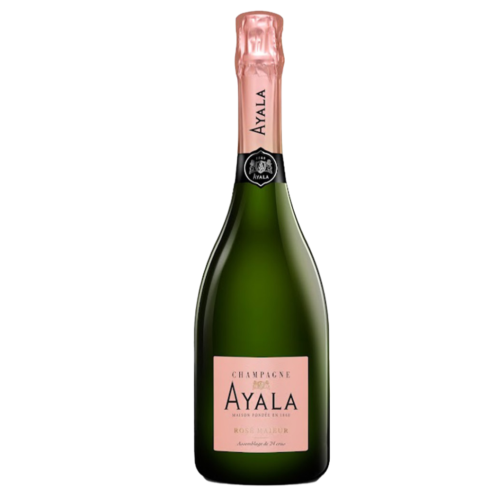 Bottle of Ayala Rosé Majeur NV Champagne, 75cl, with a pink label and gold foil neck, set against a plain background.