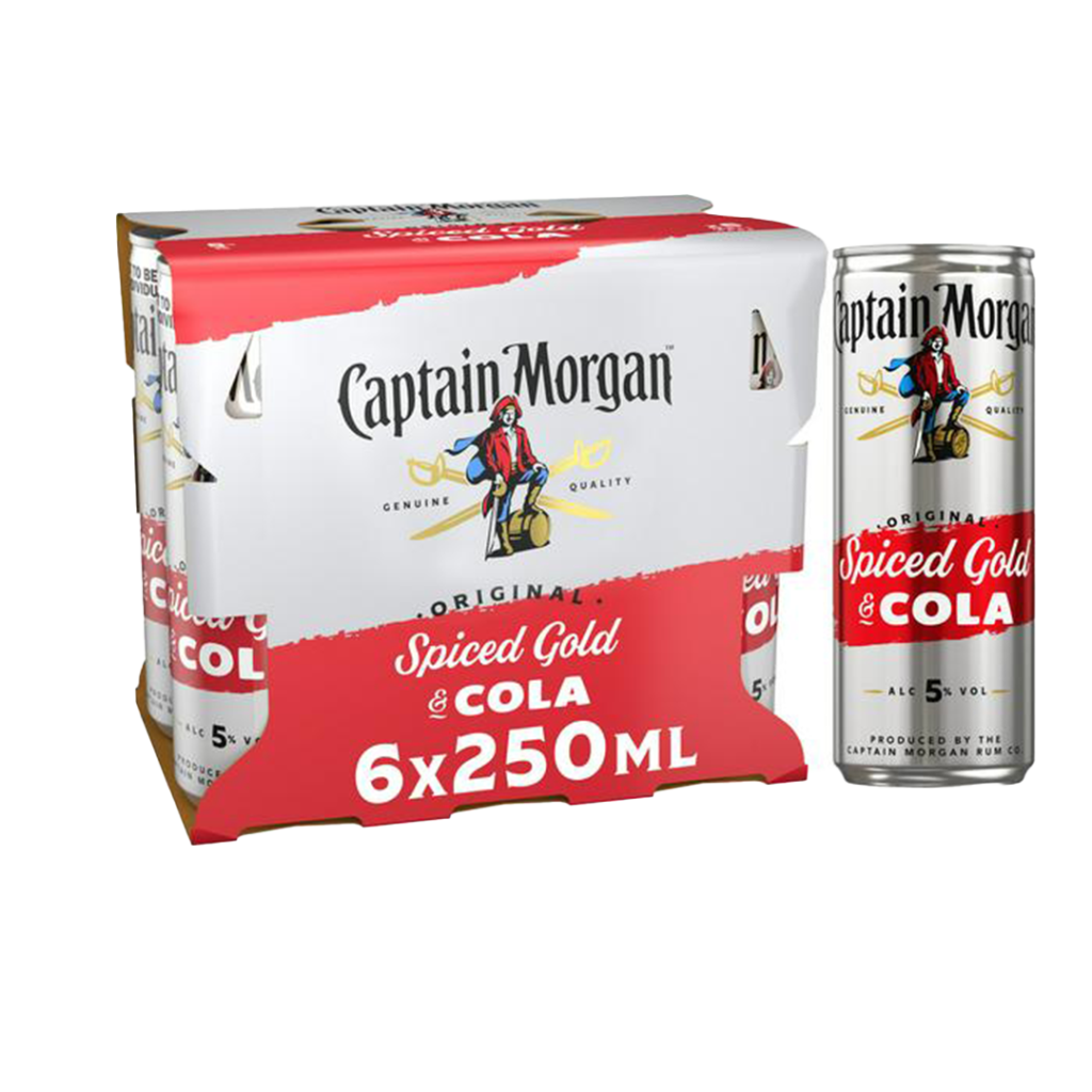 A pack of six cans of Captain Morgan Spiced Gold and Cola, each 250ml, with branding visible on the packaging.