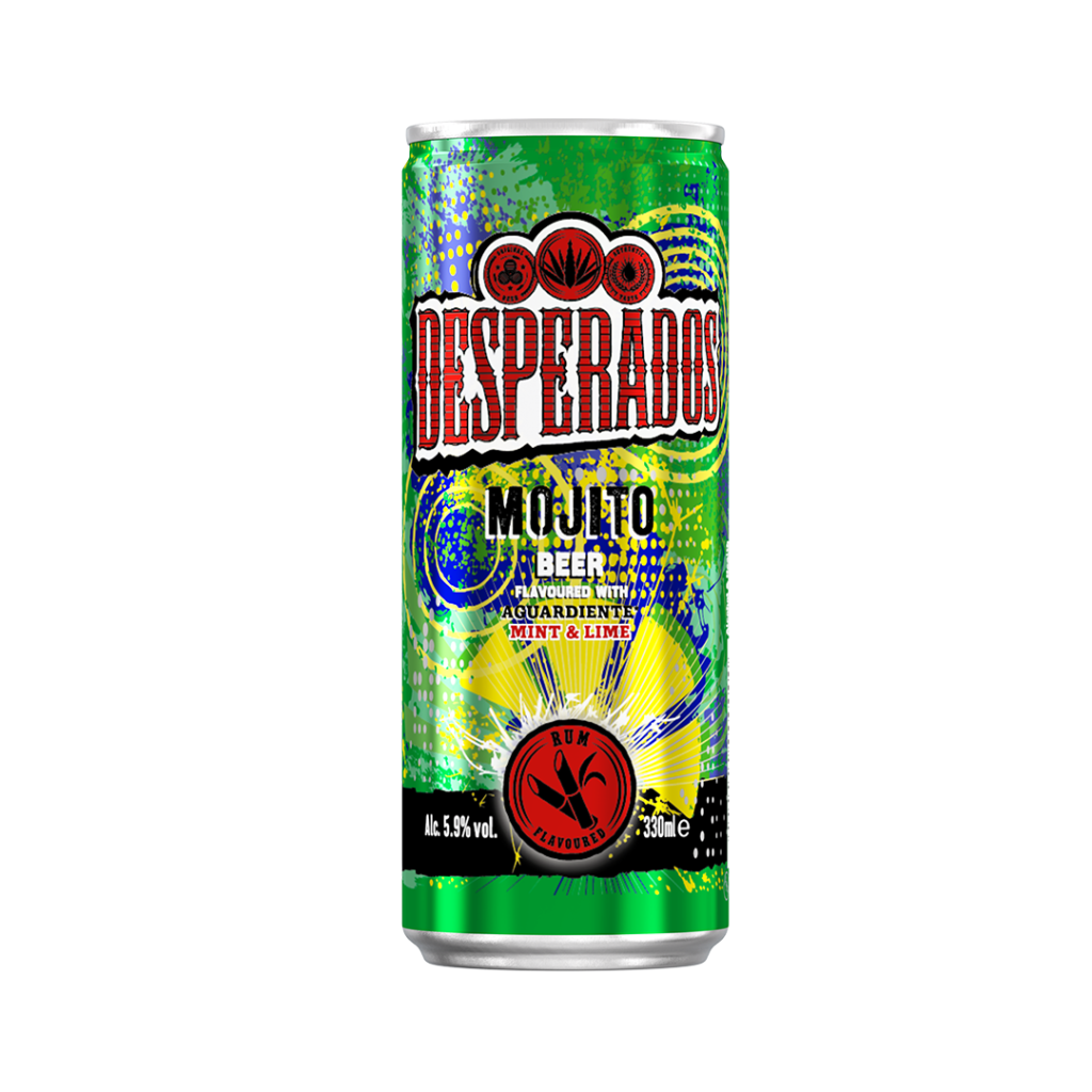 Bottle of Desperado Mojito, 330ml. Green label with lime and mint graphics. Clear glass, twist-off cap, on white background.
