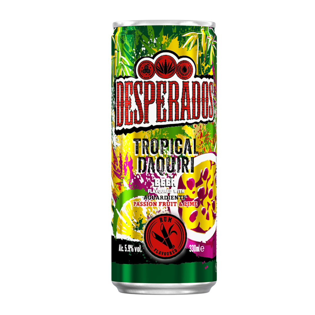 A 330ml bottle of Desperados Tropical Daiquiri beer, featuring a vibrant label with tropical fruit imagery and branding.