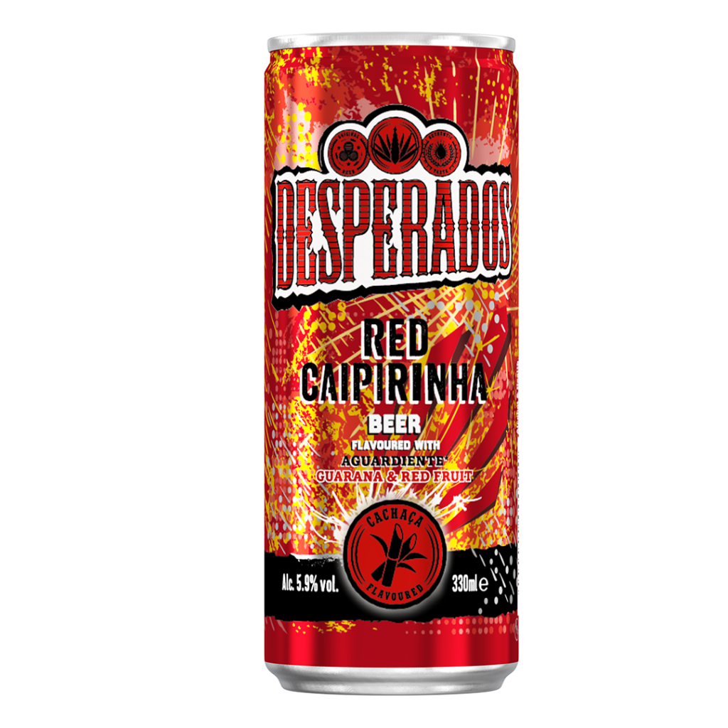 A 330ml can of Desperado Red Caipirinha, featuring a vibrant red design with lime and berry graphics on the front.