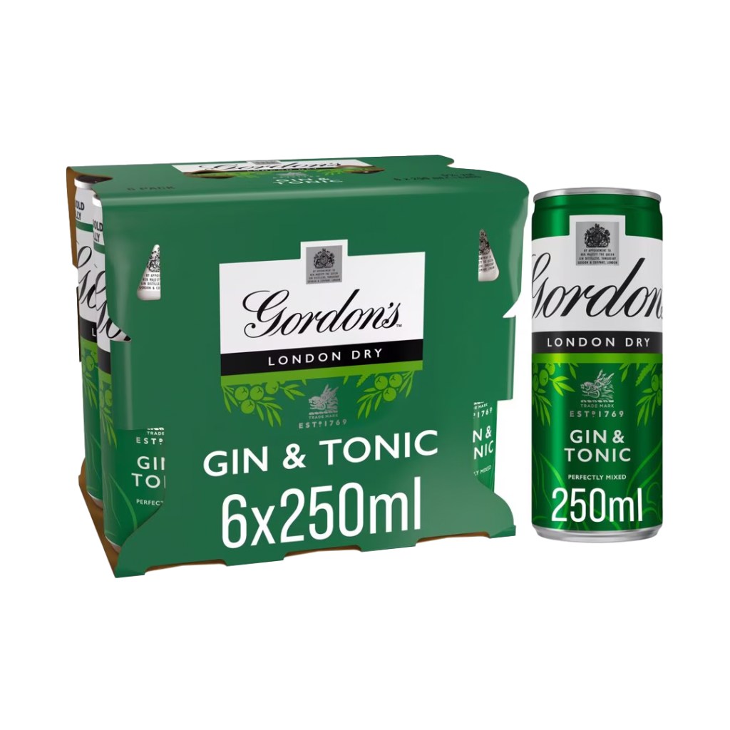 Six cans of Gordon's Gin & Tonic, each 250ml, arranged in a neat row on a white background.