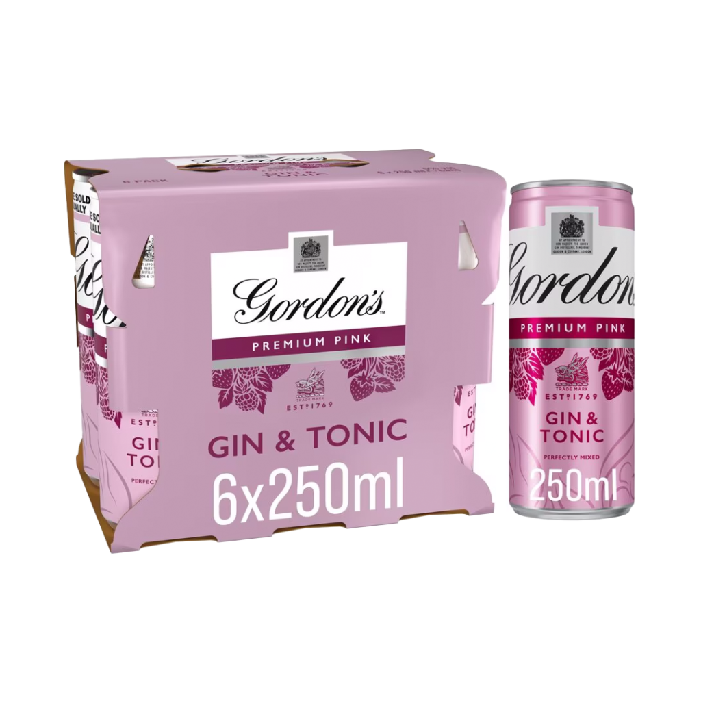 A six-pack of Gordon's Premium Pink Gin and Tonic cans, each 250ml, with a pink and floral design.