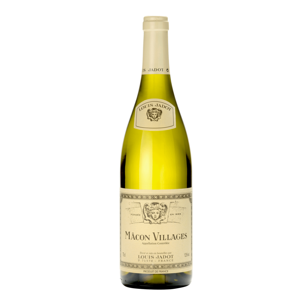 A 37.5cl bottle of Louis Jadot Macon Blanc Village white wine with a beige label and red cap, set against a plain background.