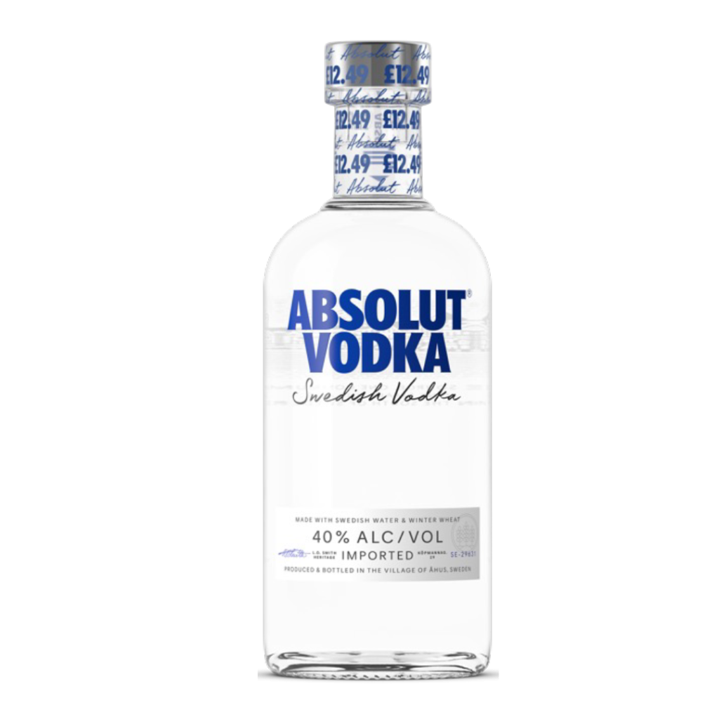A clear bottle of Absolut Vodka with a blue and white label, displaying 40% alcohol by volume and a price tag.