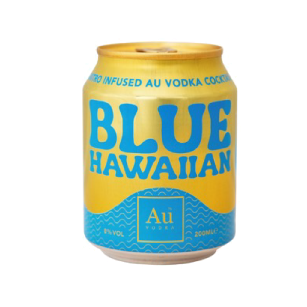 A can of Blue Hawaiian cocktail, featuring bright yellow and blue colours with the text "Blue Hawaiian" prominently displayed.