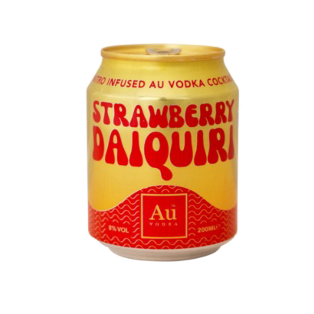 A 200ml can of AU Strawberry Daiquiri with a red and gold design, featuring a strawberry and cocktail glass illustration.