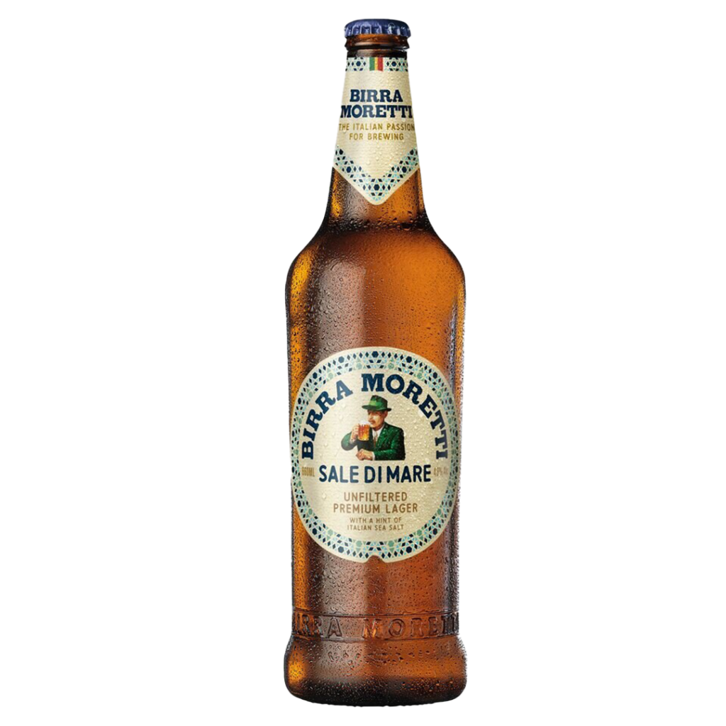 Bottle of Birra Mor Sale Di Mare, 660ml, with a blue label featuring a wave design and a gold cap, on a white background.