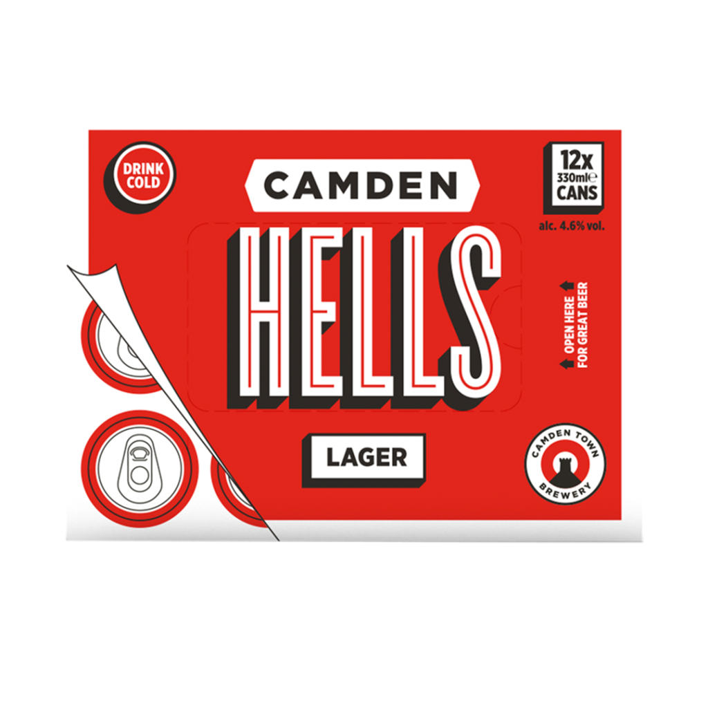 A 12-pack of Camden Hells Lager, each bottle 330ml, with a red and white label displaying the Camden Town Brewery logo.