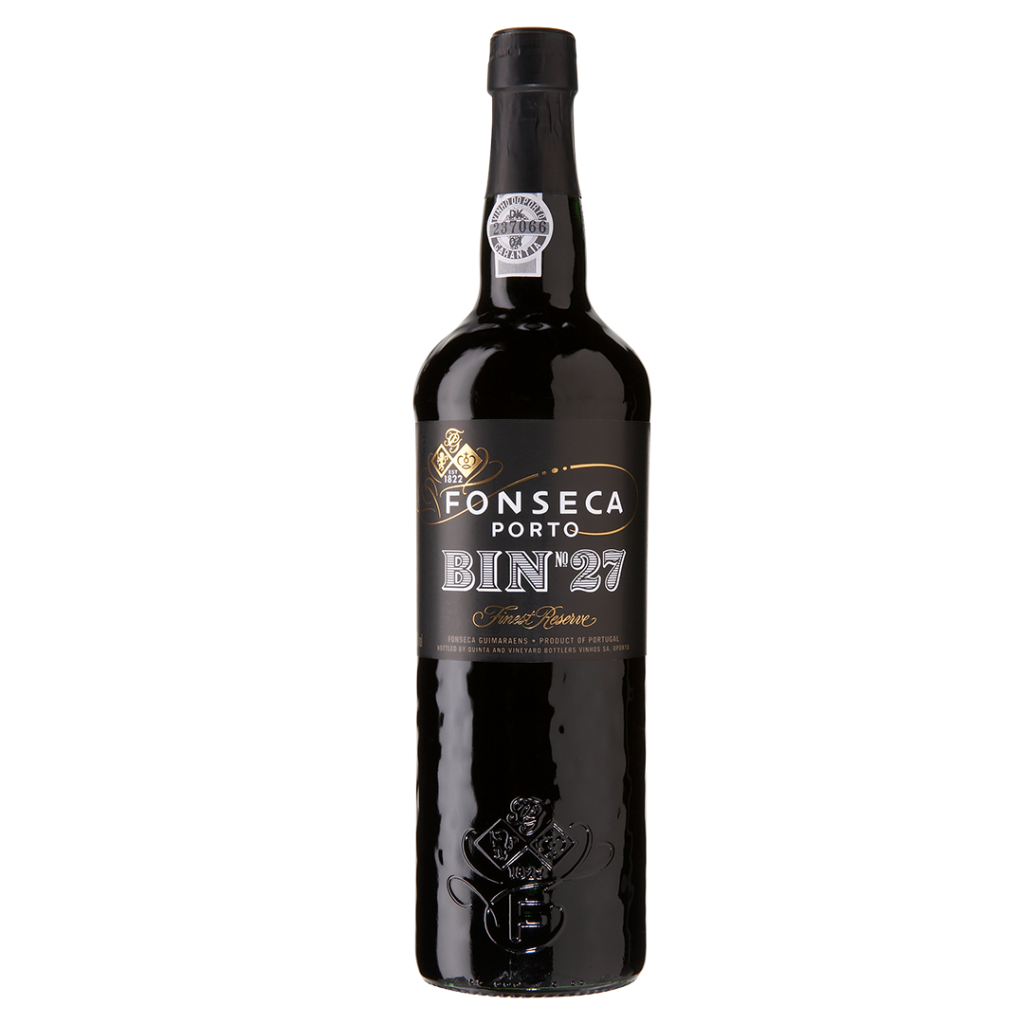 A 75cl bottle of Fonseca Bin No.27 Reserve Port, placed in a dark, elegant box with gold lettering and logo detailing.