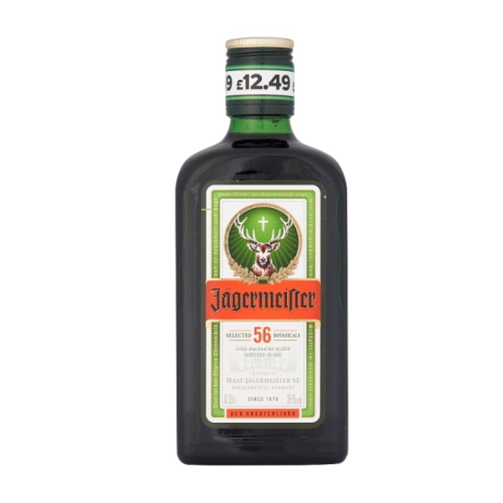 A bottle of Jägermeister herbal liqueur with a green label and a deer emblem.