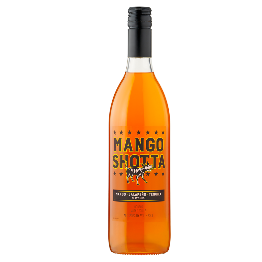 A bottle of Mango Shotta tequila, featuring a vibrant orange colour and a label with bold black text and a tiger graphic.