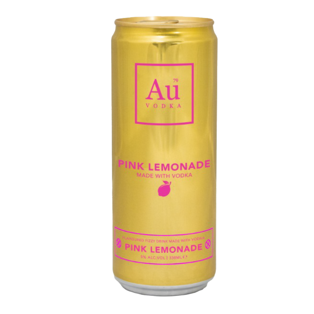 A gold can of Au Vodka Pink Lemonade, featuring pink text and a graphic of a lemon.