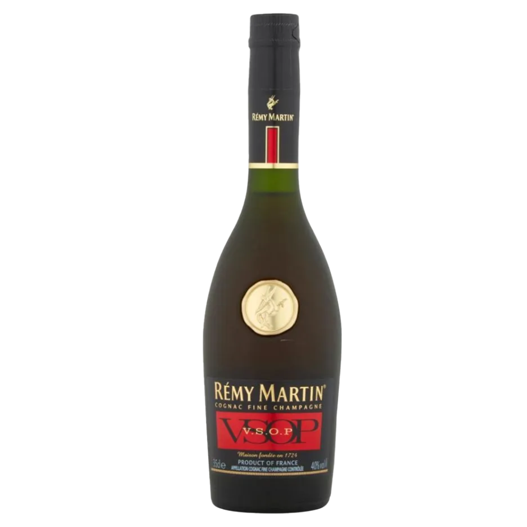 A 35cl bottle of Rémy Martin VSOP Cognac with a gold label and green cap on a white background.