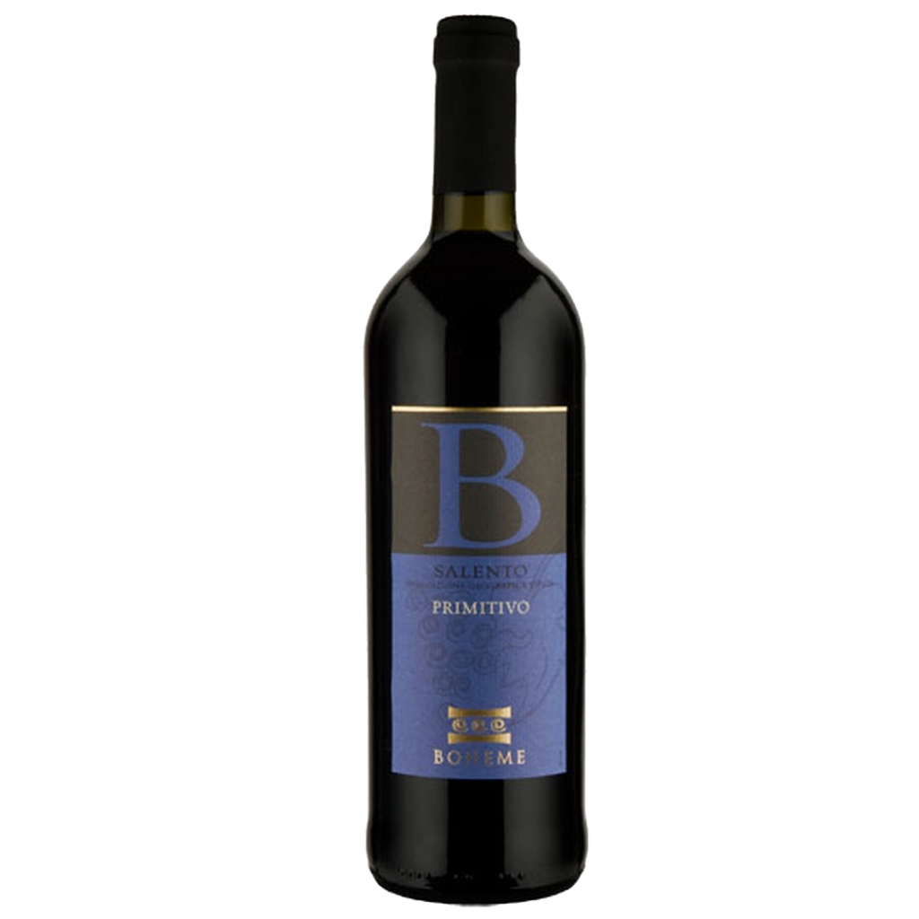 A bottle of Boheme Primitivo Salento 2018 red wine, 75cl, with a dark label featuring gold accents on a wooden surface.