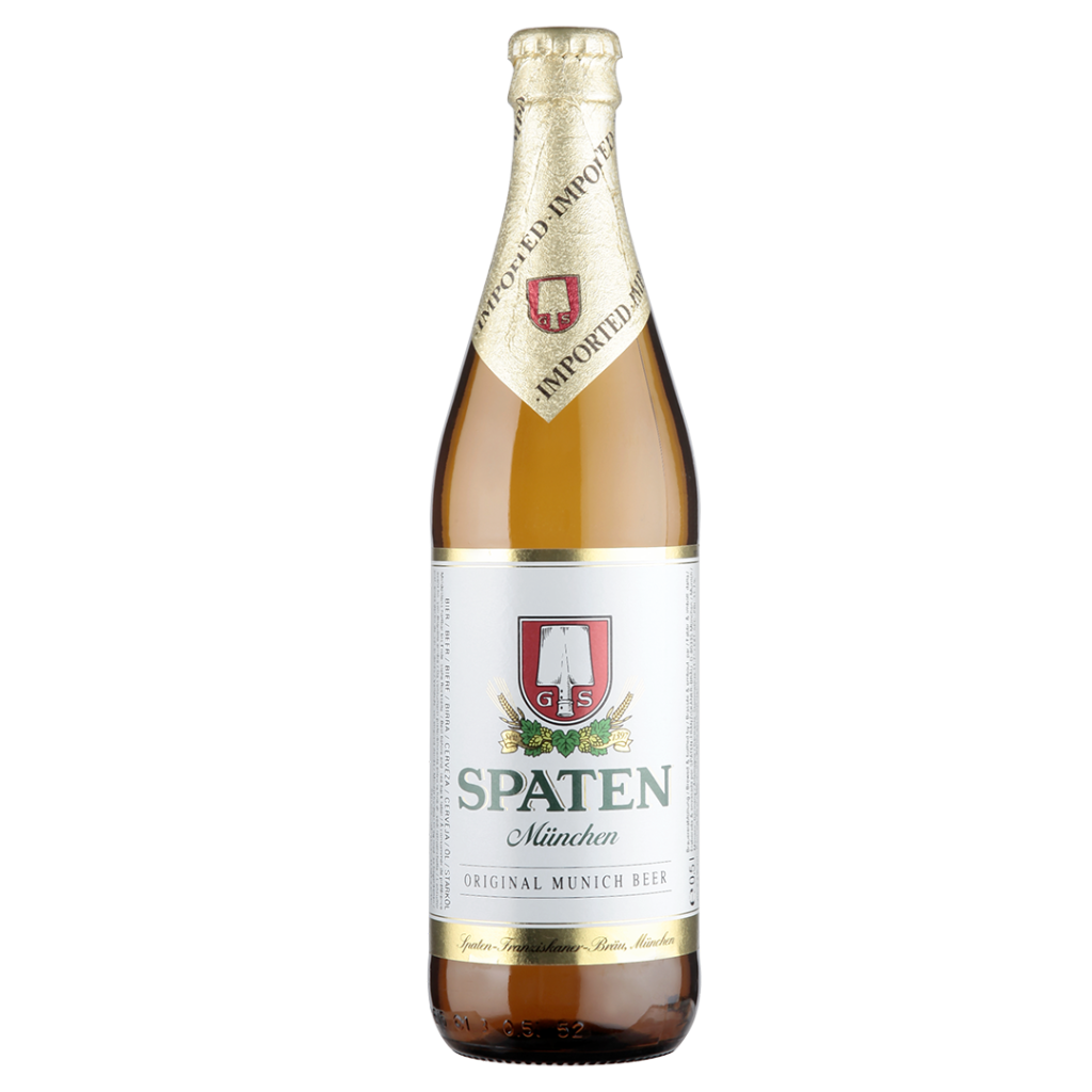 A bottle of Spaten Munich beer with a silver cap and a label featuring the Spaten logo and text.