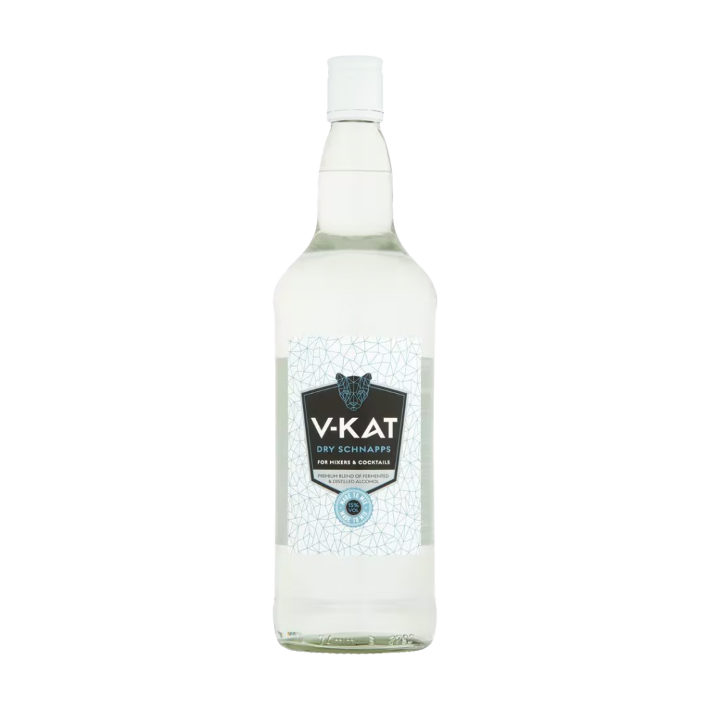 A 1-litre bottle of V Kat Schnapps with a blue label and silver cap, standing upright against a plain background.