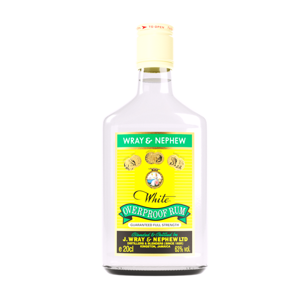 A 20cl bottle of Wray & Nephew White Rum with a green and yellow label featuring the brand logo and text in red and gold.