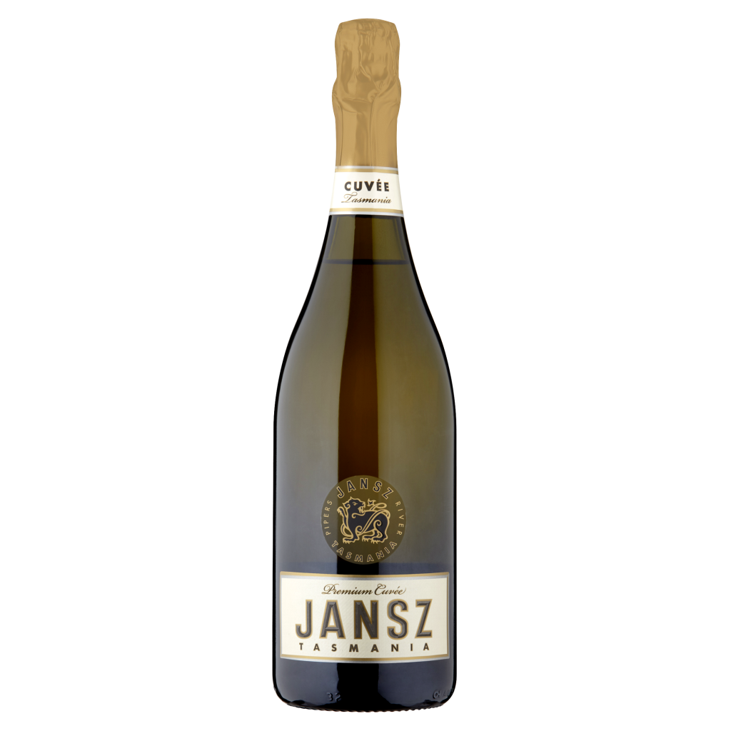 Bottle of Jansz Premium Cuvee sparkling wine, 75cl, with a gold foil neck, white label, and black and gold branding.