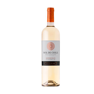 A bottle of Sol de Chile Sauvignon Blanc wine with a decorative label and an orange cap.
