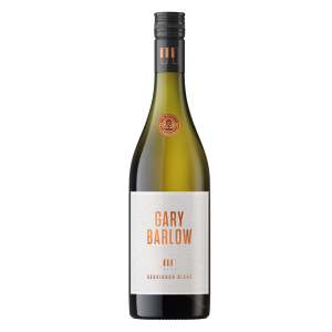Bottle of Gary Barlow Sauvignon Blanc, 75cl, with a white label featuring gold text and a gold cap, on a plain background.