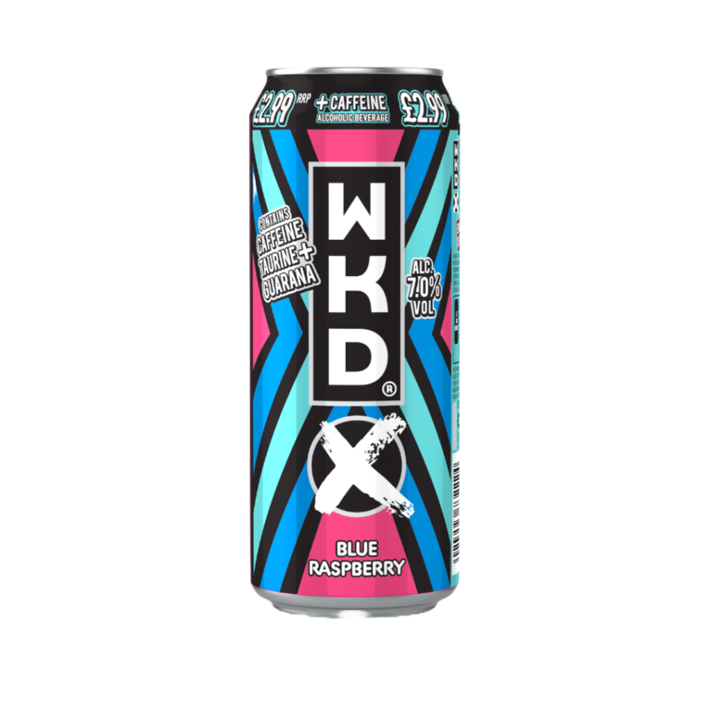 A 500ml bottle of WKD X Blue Raspberry alcoholic drink with a blue liquid and a blue label featuring white text.