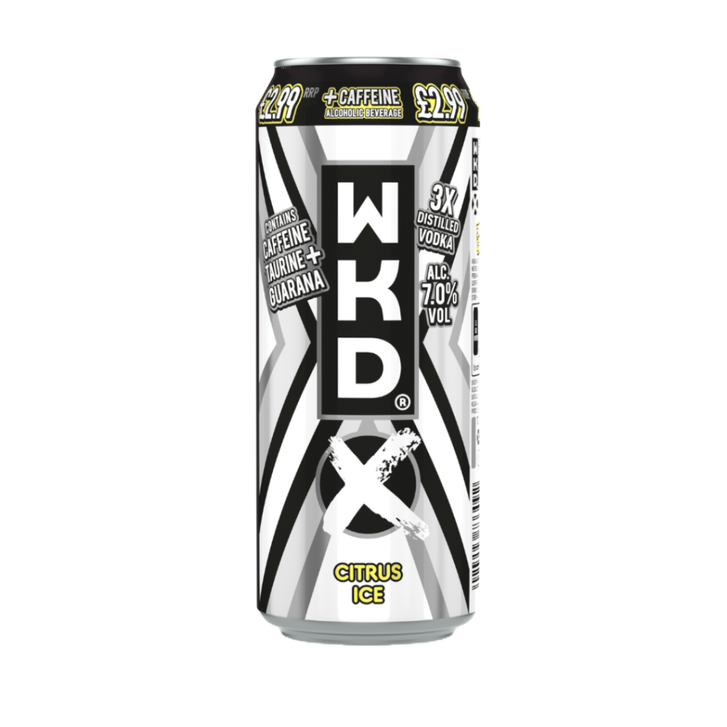 Bottle of WKD X Citrus Ice, 500ml, with a bright yellow label featuring the WKD logo and citrus fruit graphics on a white background.